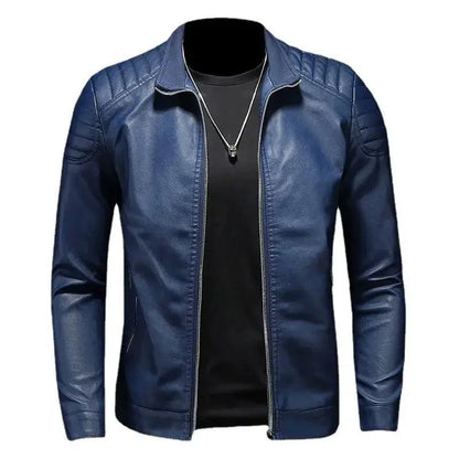 Men's black motorcycle leather jacket by MANDOTOS, featuring a classic design with zippered pockets and durable leather construction.