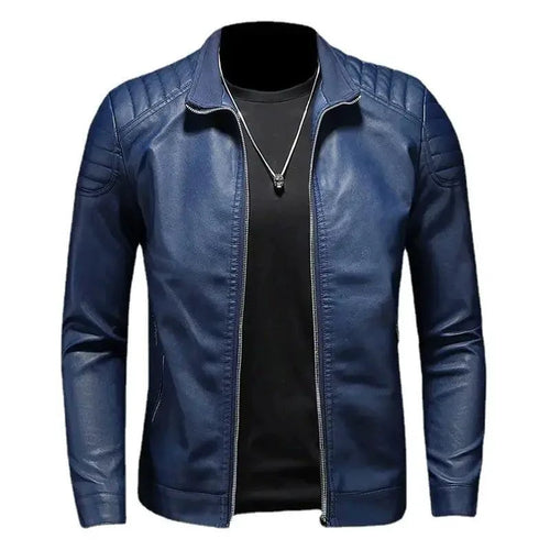 Men's black motorcycle leather jacket by MANDOTOS, featuring a classic design with zippered pockets and durable leather construction.