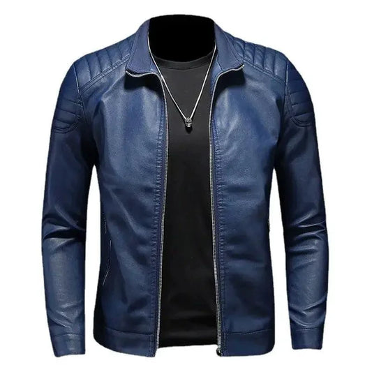 Men's black motorcycle leather jacket by MANDOTOS, featuring a classic design with zippered pockets and durable leather construction.
