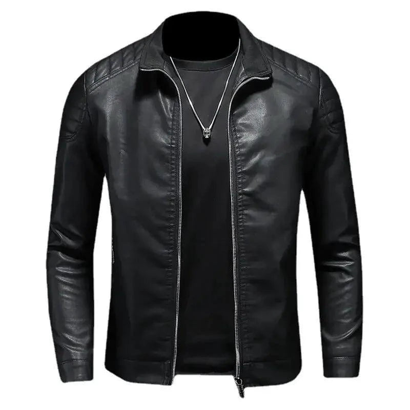 Men's motorcycle leather jacket by MANDOTOS featuring a classic black design and rugged style.