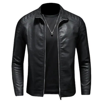 Men's motorcycle leather jacket by MANDOTOS featuring a classic black design and rugged style.