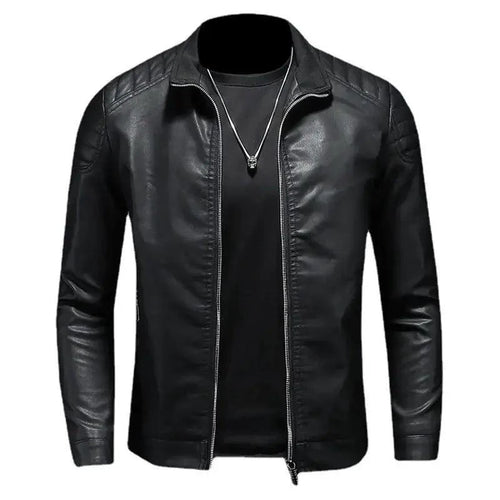 Men's motorcycle leather jacket by MANDOTOS featuring a classic black design and rugged style.
