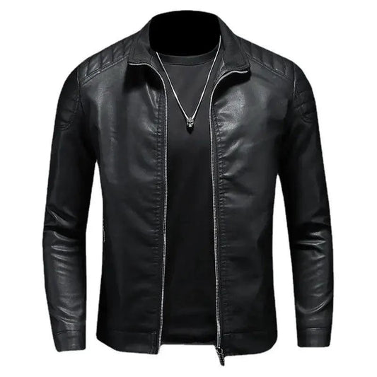 Men's motorcycle leather jacket by MANDOTOS featuring a classic black design and rugged style.
