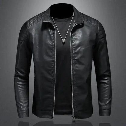 Men's black motorcycle leather jacket by MANDOTOS with padded shoulders and zippered pockets, designed for style and protection.