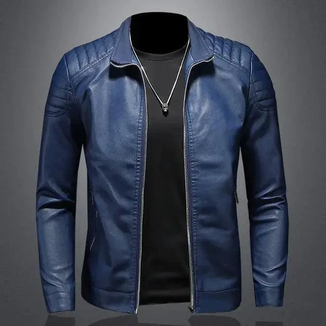 Men's black leather motorcycle jacket by MANDOTOS featuring a sleek design and durable leather construction.