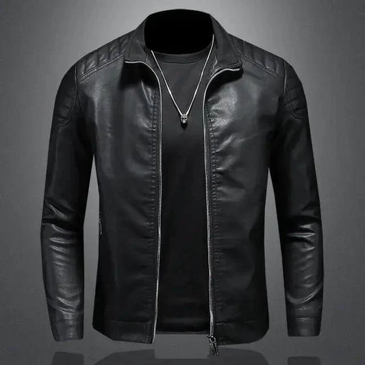 Men's motorcycle leather jacket by MANDOTOS, featuring a classic black design with shoulder and arm detailing