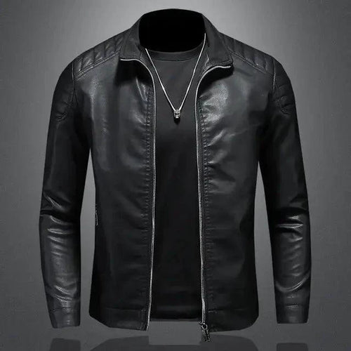 Men's black motorcycle leather jacket by MANDOTOS with shoulder and arm padding, front zipper closure, and stylish design.