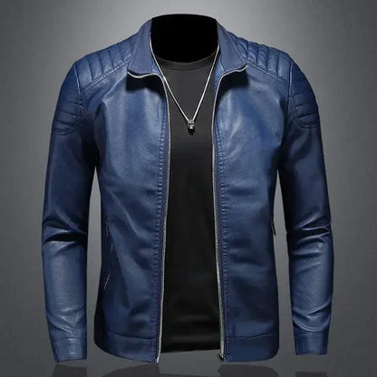Men's black motorcycle leather jacket by MANDOTOS featuring classic design, durable leather, and zip-up front for riding style.