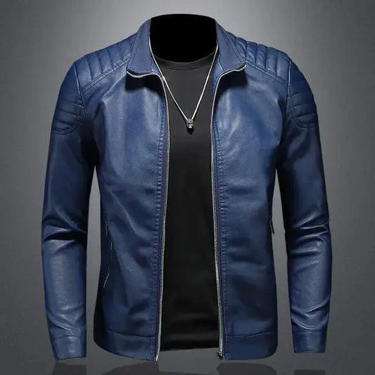 Mandotos men's motorcycle leather jacket with front zipper, adjustable collar, and quilted shoulder detailing.