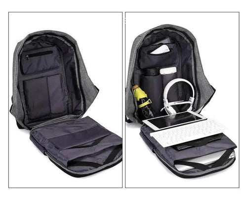 Mandotos multi-functional water-resistant backpack with USB charging port for laptops and notebooks, black with multiple compartments.