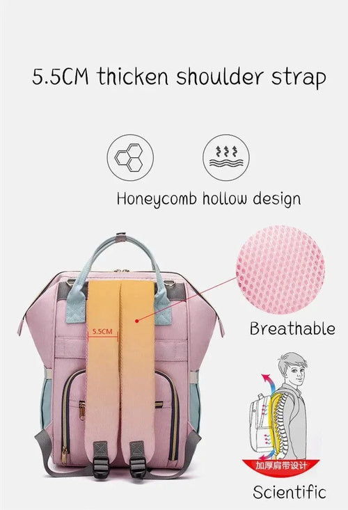 Mummy Maternity Bag by MANDOTOS shown with multiple compartments, soft fabric and adjustable straps for new moms.
