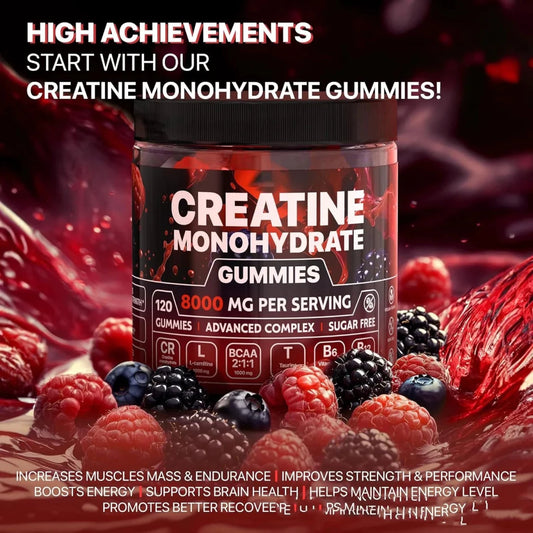 Mandotos Muscle Boost Gummies in a clear bottle, showing vibrant gummy supplements for muscle support and recovery.