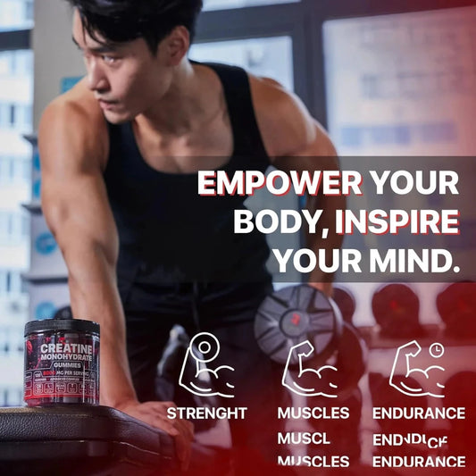 Mandotos Muscle Boost Gummies in a colorful bottle, showing the gummy supplement designed to support muscle health.
