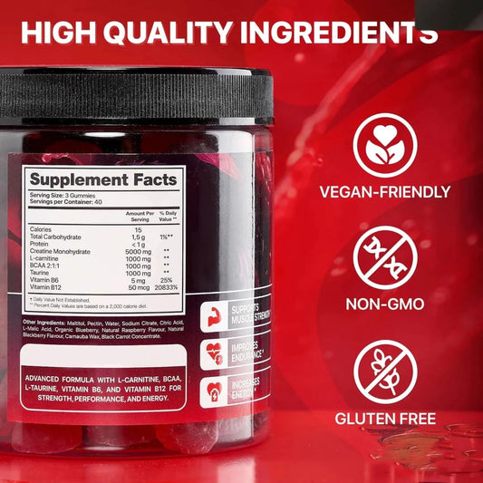 Mandotos Muscle Boost Gummies in a jar, colorful fruit-flavored dietary supplement for muscle support and recovery.