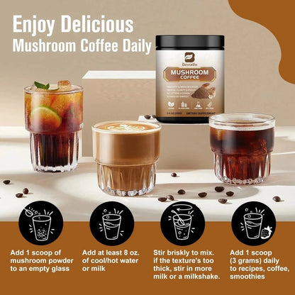 Mandotos Mushroom Coffee with 10 mushroom extract blend, showing a cup of brewed coffee and mushroom ingredients on a rustic table.