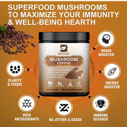 Mandotos Mushroom Coffee with 10 mushroom extract blend for energy and immunity, served in a mug with a spoon on a wooden table.