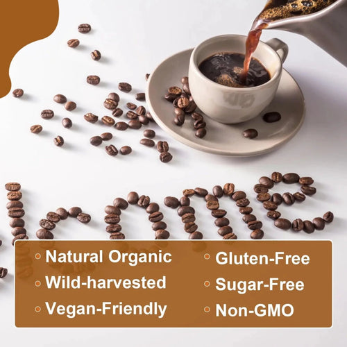 Mandotos Mushroom Coffee with 10 mushroom extract blend in a brewed cup, promoting energy and immunity with natural ingredients.