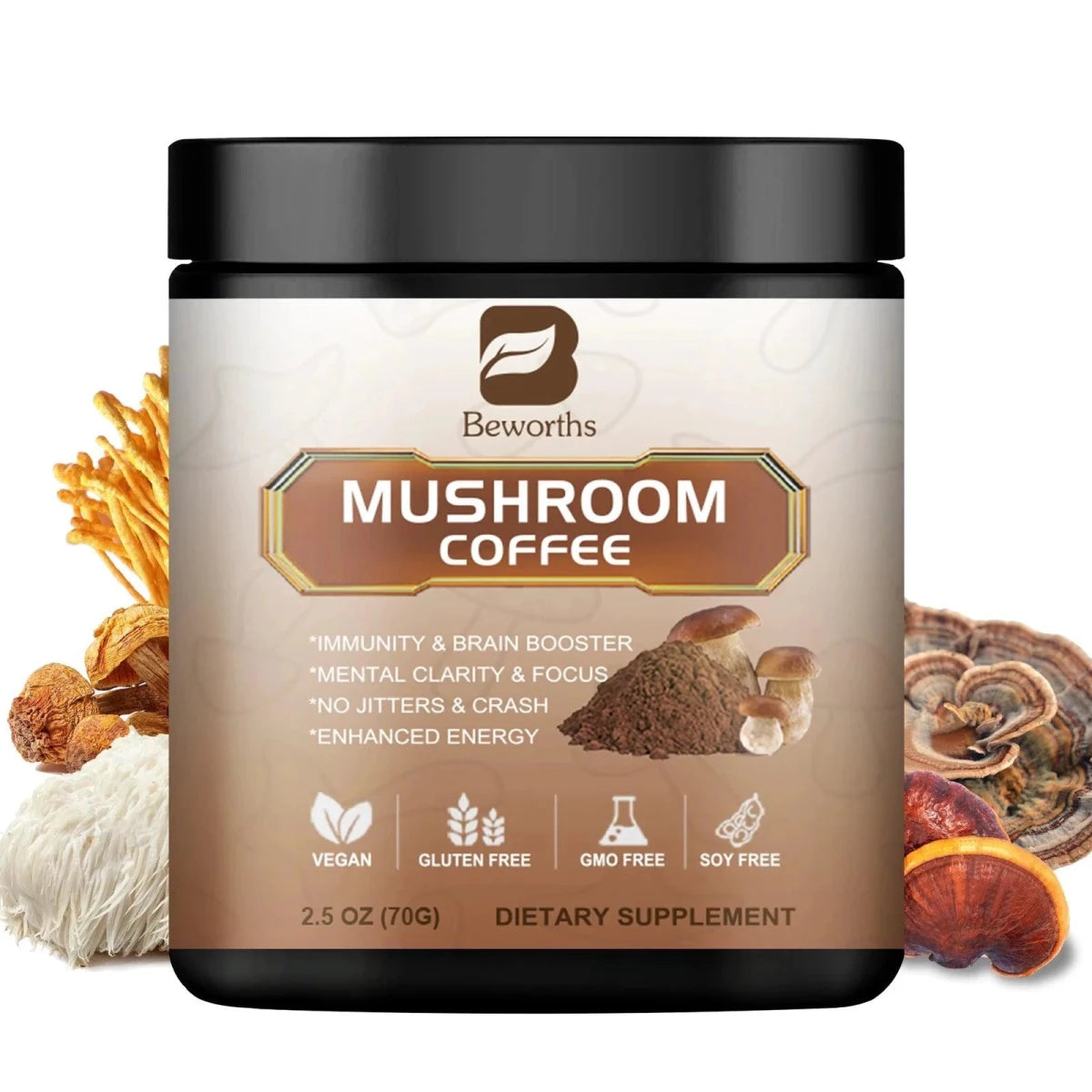 Mandotos Mushroom Coffee featuring a 10-mushroom extract blend for energy and immunity boost, in a coffee cup on a wooden surface