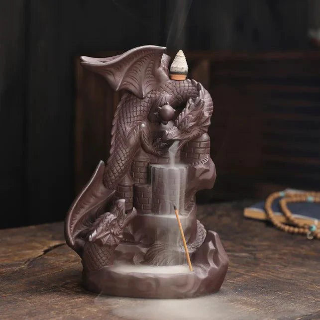 Mandotos Mystic Dragon Incense Tower with intricate dragon design and multiple incense holders on a decorative stand