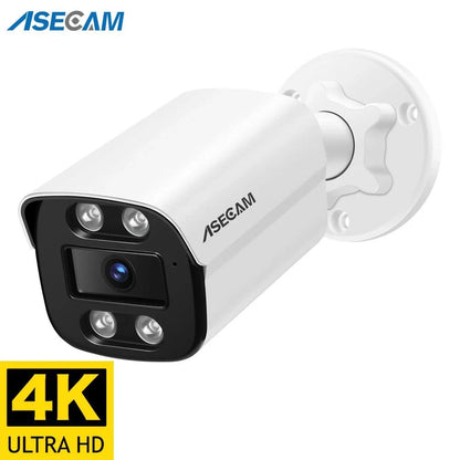 Mandotos 4K 8MP outdoor IP security camera with audio, metal bullet design, night vision, PoE, H.265, and Onvif support.