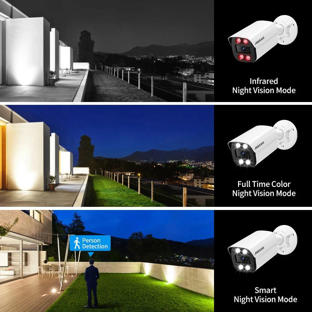 MANDOTOS 4K 8MP outdoor IP camera with audio, PoE, H.265, metal bullet design, color night vision for home security.