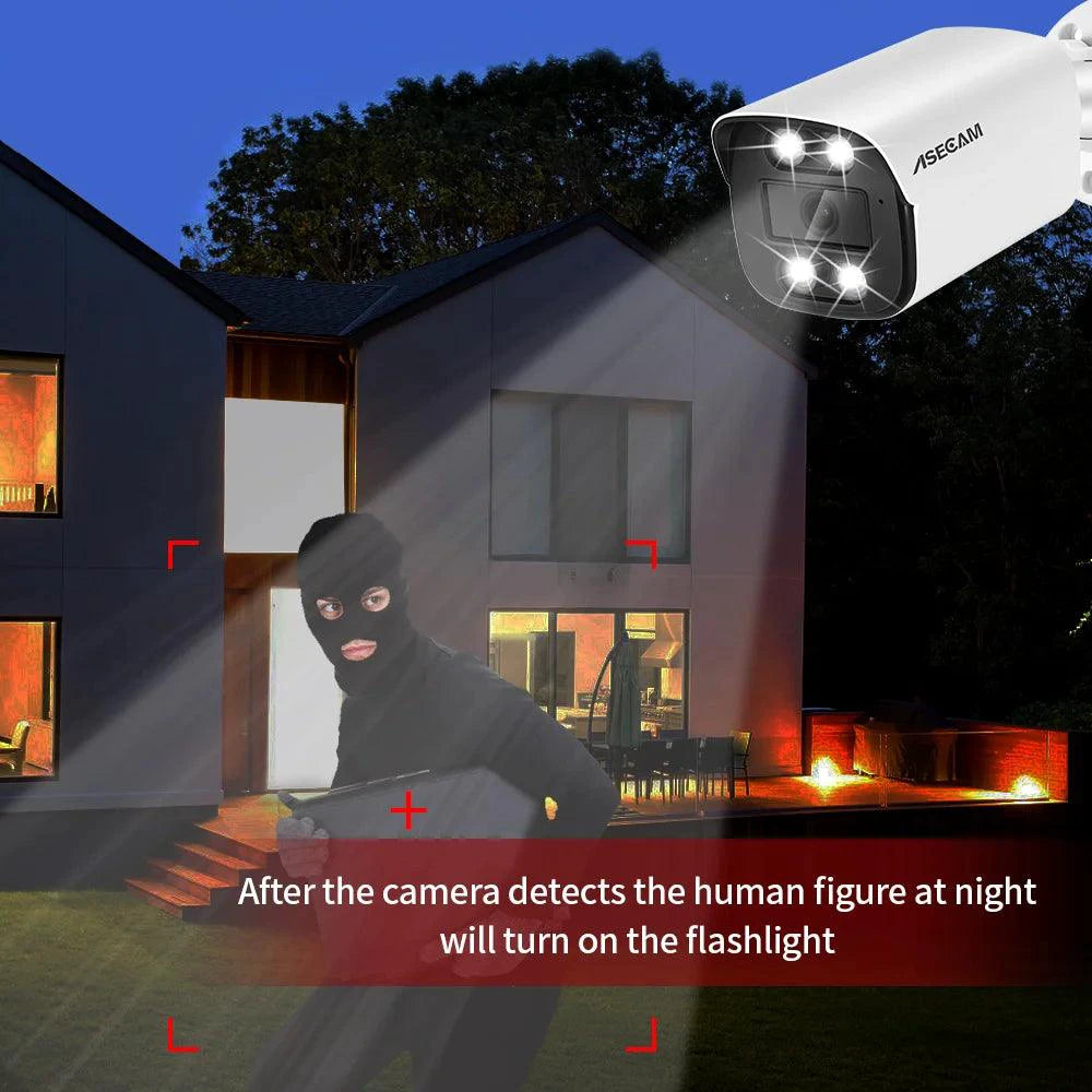 Mandotos 4K 8MP IP outdoor bullet security camera with audio, night vision, metal housing, PoE, H.265, and Onvif support.