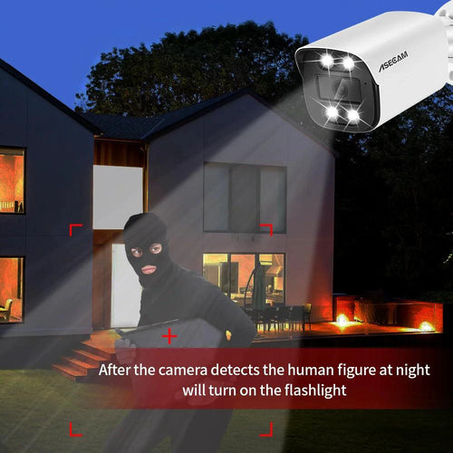 Mandotos 4K 8MP IP outdoor bullet security camera with audio, night vision, metal housing, PoE, H.265, and Onvif support.