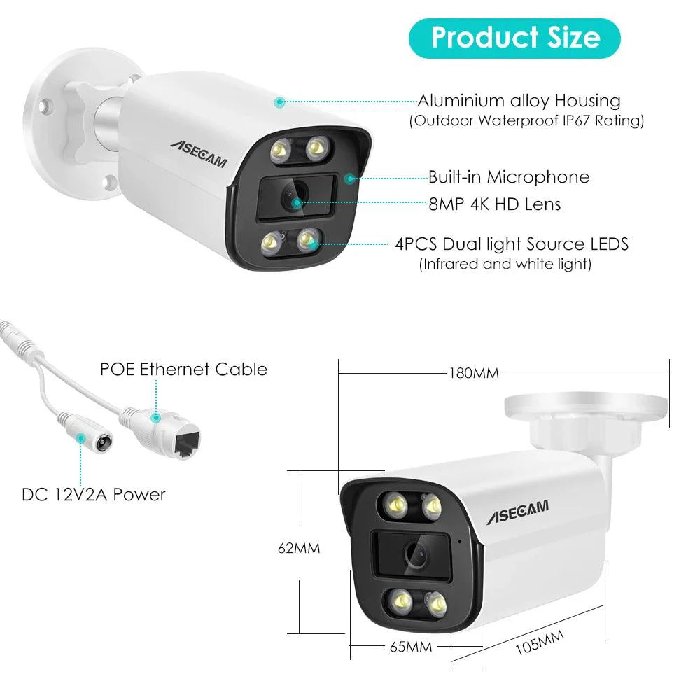 Mandotos 4K 8MP outdoor IP camera with audio, metal bullet design, night vision, PoE, H.265, and Onvif for home surveillance.