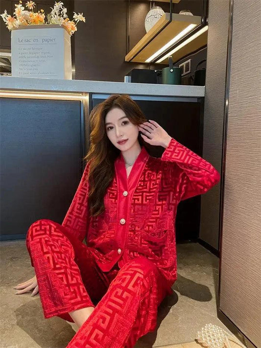 Gold velvet women's pajamas suit by MANDOTOS, featuring a comfortable, luxurious pajama set with long sleeves and matching pants.
