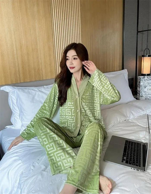Gold velvet women's pajamas suit by MANDOTOS, featuring a luxurious, soft fabric with a relaxed fit and elegant design.