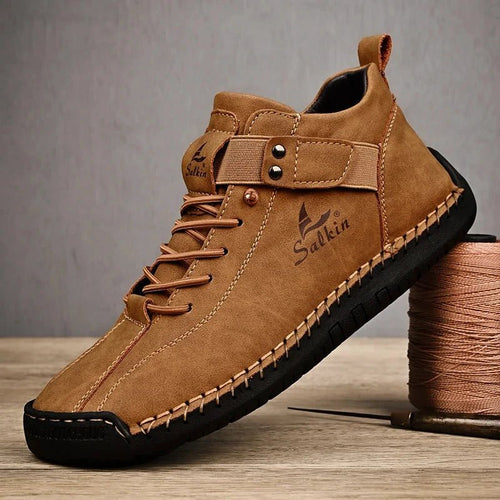 Mandotos handmade leather casual men's sneakers with breathable design, ankle boots, outdoor footwear, stylish and comfortable.