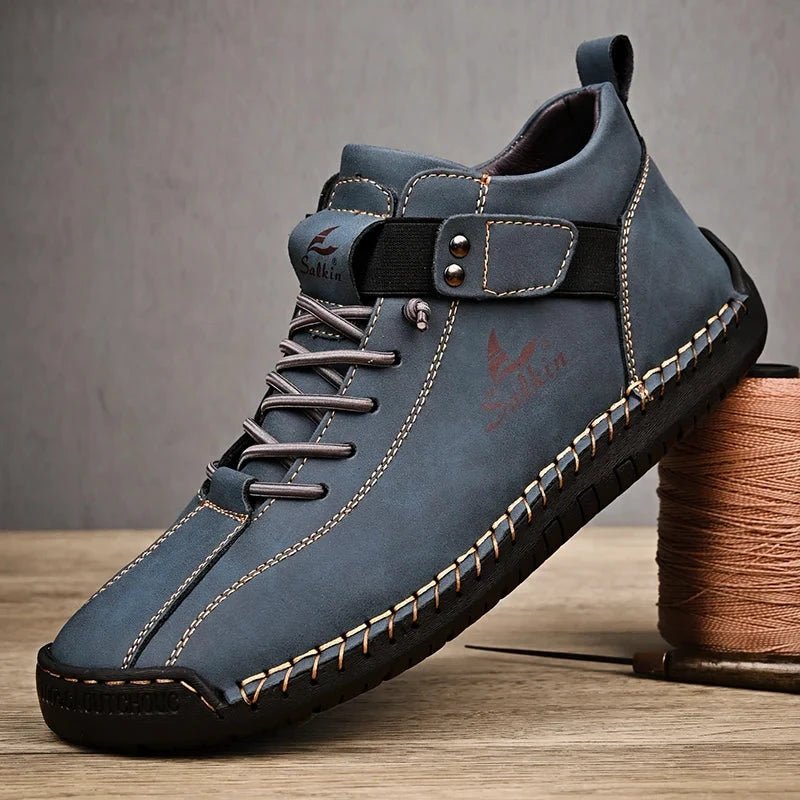 Mandotos handmade leather casual men's sneakers and ankle boots, breathable outdoor shoes, stylish and comfortable for everyday wear.