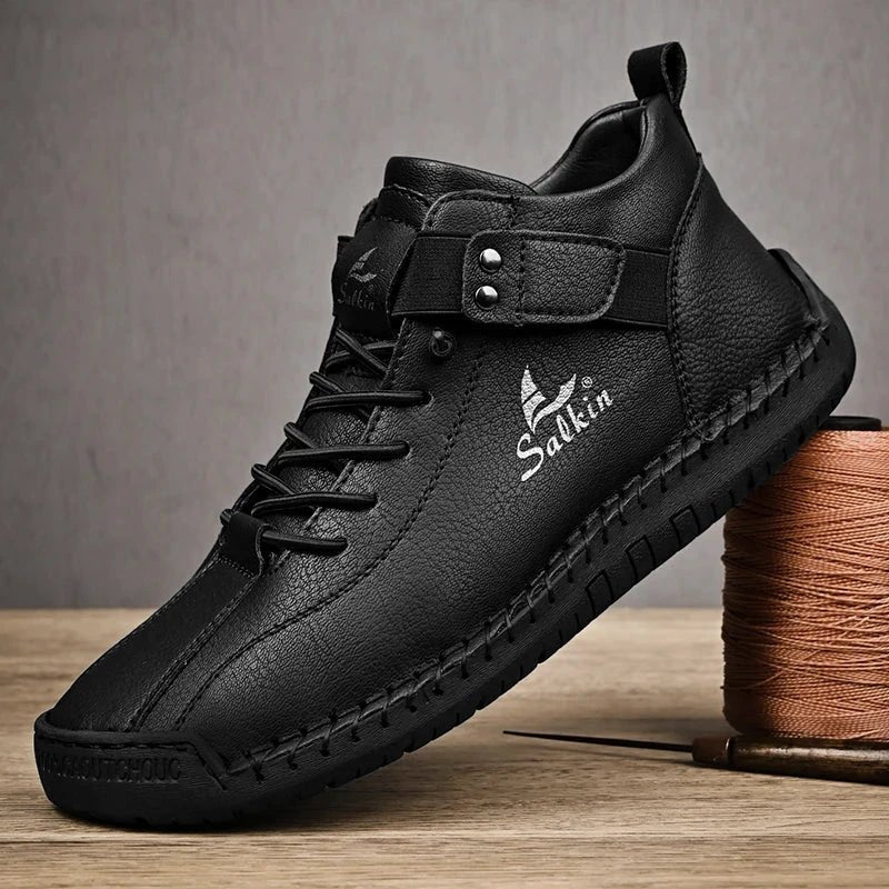 Mandotos handmade leather casual men's sneakers with breathable design, ankle boots, outdoor footwear, stylish and comfortable.