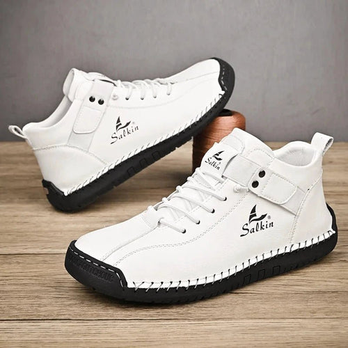 Mandotos handmade leather casual men's sneakers with breathable design and ankle boot style, suitable for outdoor wear.