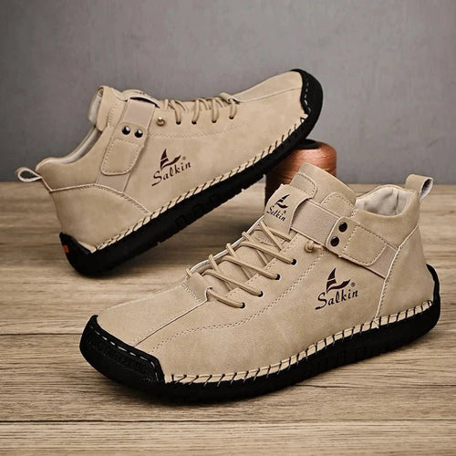 Mandotos handmade leather casual men's sneakers with breathable design, ankle boots, outdoor shoes, crafted for comfort and style.