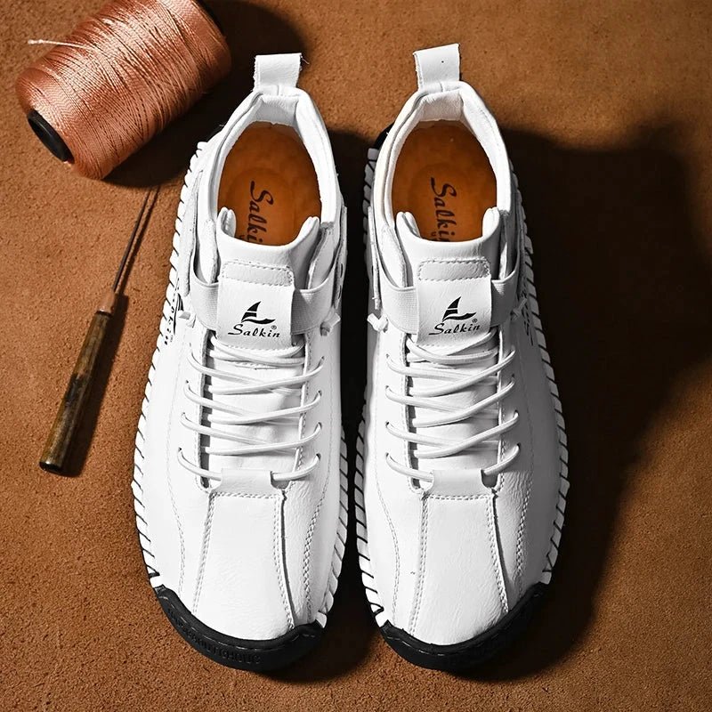 Mandotos men's handmade leather casual sneakers with breathable design, ankle boots, suitable for outdoor wear.