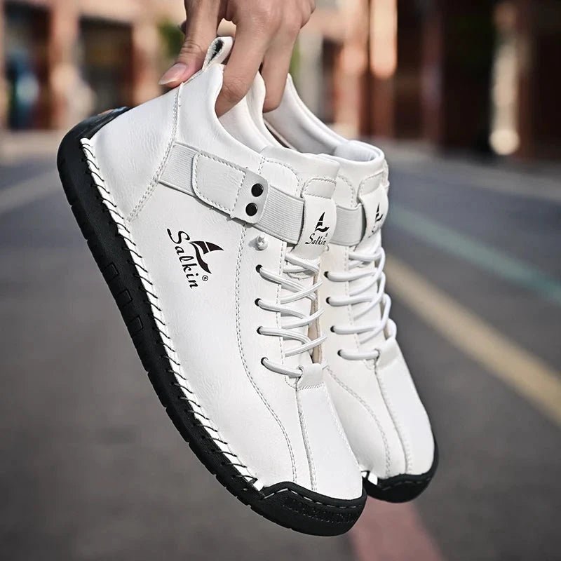 Mandotos handmade leather casual men's sneakers with breathable design and ankle boot style, suitable for outdoor wear.