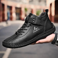Mandotos handmade leather casual men's sneakers and ankle boots, breathable outdoor shoes with stylish design and durable leather material.