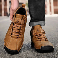 Mandotos handmade leather casual men's sneakers and ankle boots, featuring breathable leather and outdoor design.
