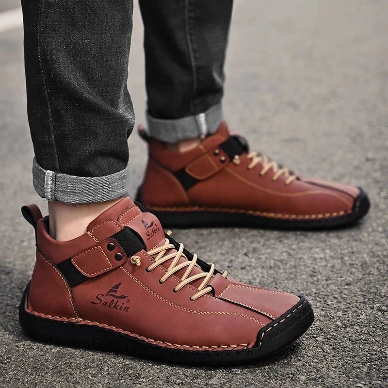 Mandotos handmade leather casual men's sneakers and ankle boots, featuring breathable leather and outdoor-ready design.