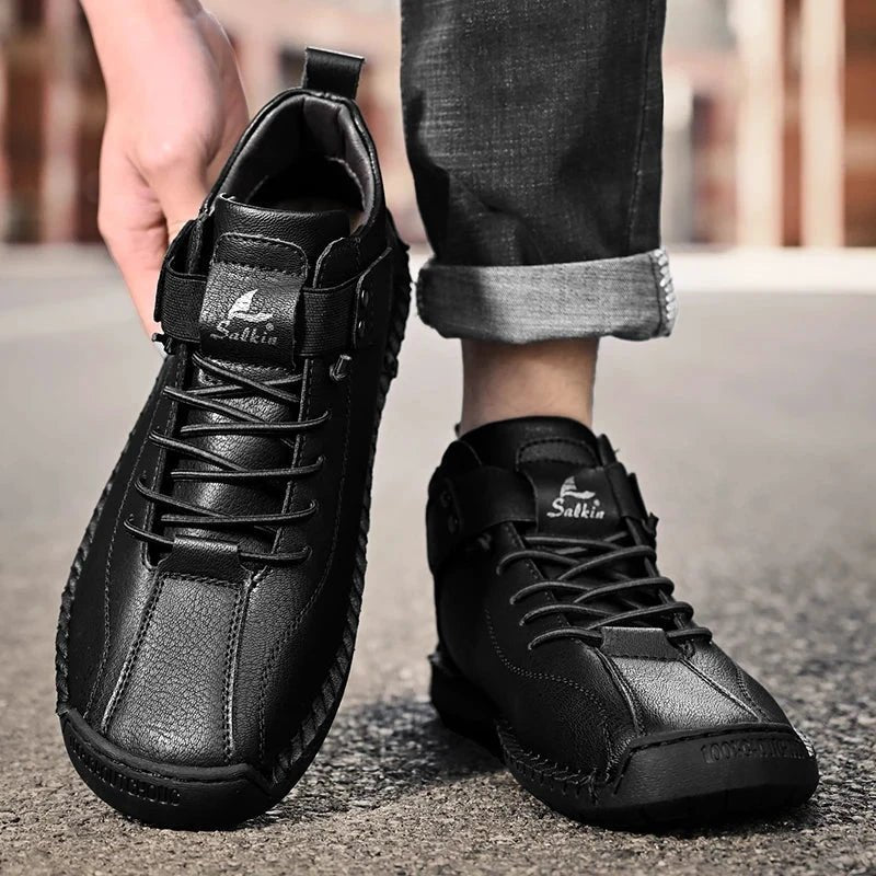 Mandotos handmade leather casual men's sneakers and ankle boots with breathable design, outdoor suitable, stylish footwear for men.