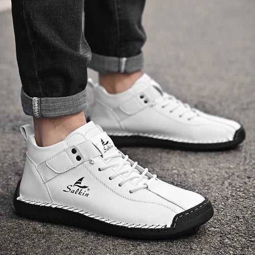 Mandotos handmade leather casual men's sneakers with breathable design, ankle boots, outdoor style, and comfortable fit.