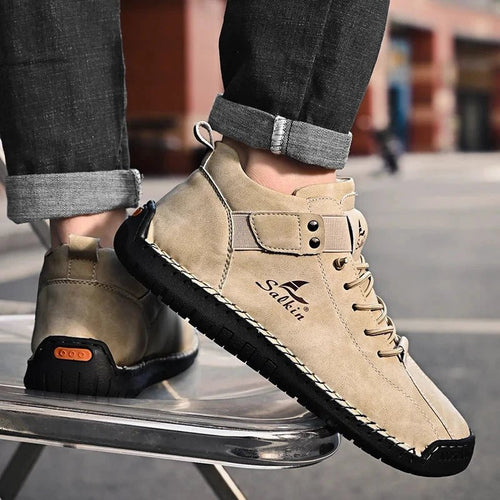 Mandotos handmade leather casual men's sneakers with breathable leather, ankle boots design, suitable for outdoor wear.