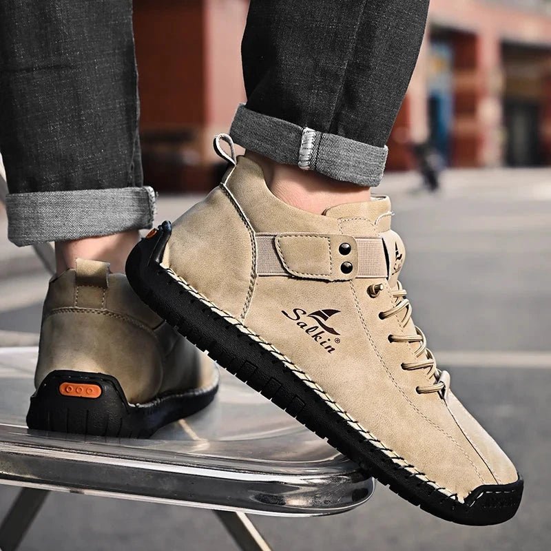 Mandotos handmade leather casual men's sneakers with breathable leather, ankle boots design, suitable for outdoor wear.