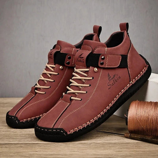 Mandotos handmade leather casual men's sneakers with breathable design, ankle boots, outdoor suitable, stylish and comfortable footwear.