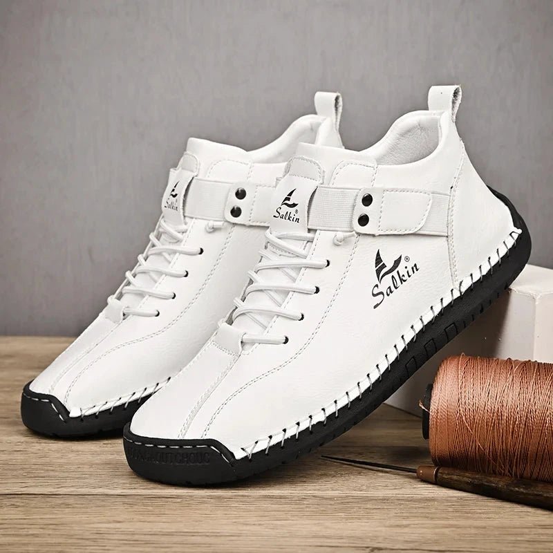 Mandotos handmade leather casual men's sneakers with breathable design, ankle boots style, suitable for outdoor wear.