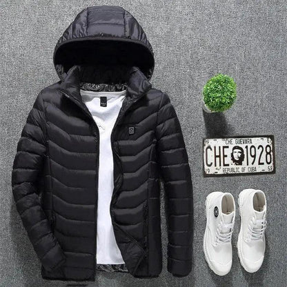 Mandotos heated men's electric jacket with USB, cotton outer, thermal heating vest for winter warmth and outdoor wear.