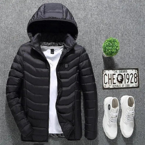Mandotos heated men's electric jacket with USB, cotton outer, thermal heating vest for winter warmth and outdoor wear.