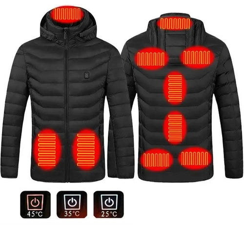 Mandotos men's heated jacket with USB electric heater, cotton winter coat featuring thermal heating vest for cold weather comfort.