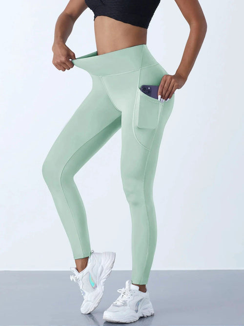 Mandotos high waist women's stretch yoga leggings with pockets, push-up fit, solid color, suitable for fitness, running, and sports activities.